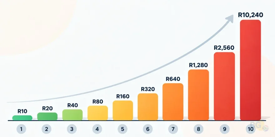 Chart of how a doubling stake grows from R10 to R10,240 after ten losses