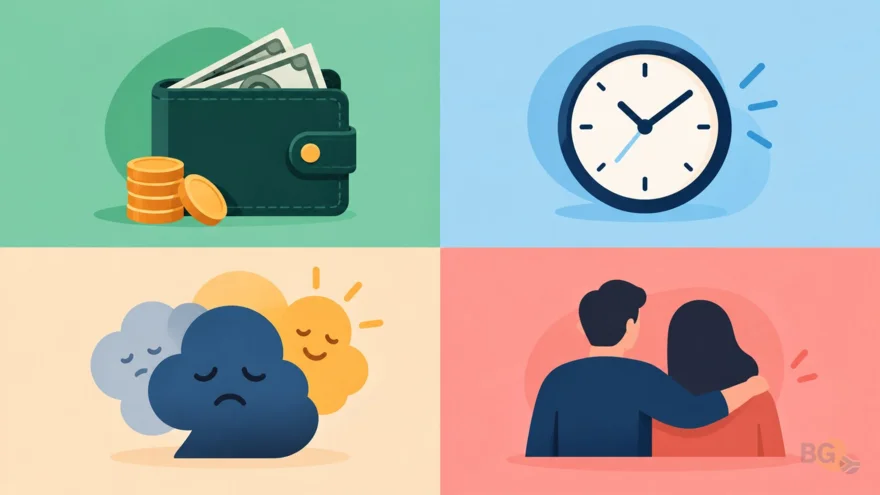Four areas where gambling addiction symptoms show up: money, time, mood and relationships