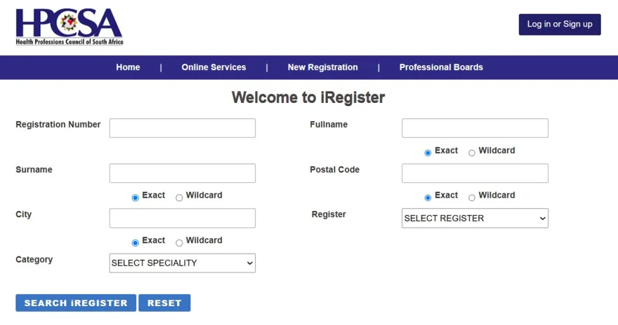 HPCSA iRegister search form for checking a practitioner’s registration