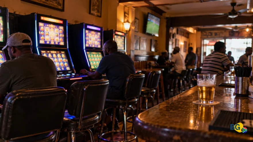 Tavern interior with limited payout machines beside the bar