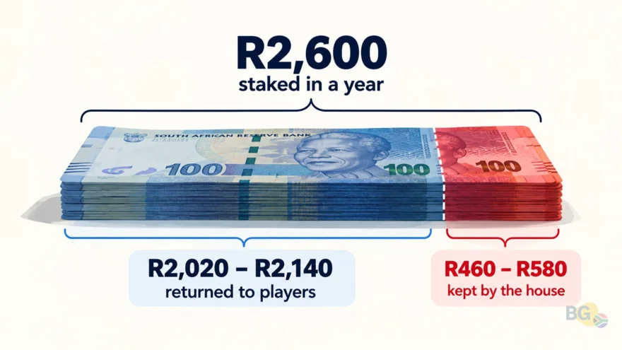 Graphic showing R2,600 staked on fafi in a year and about R460 to R580 kept by the house