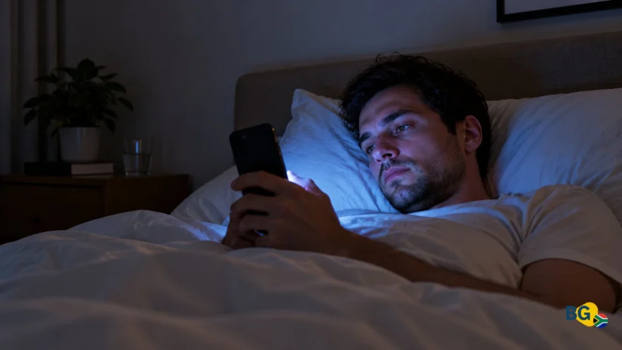Person lying awake at night looking at a phone screen