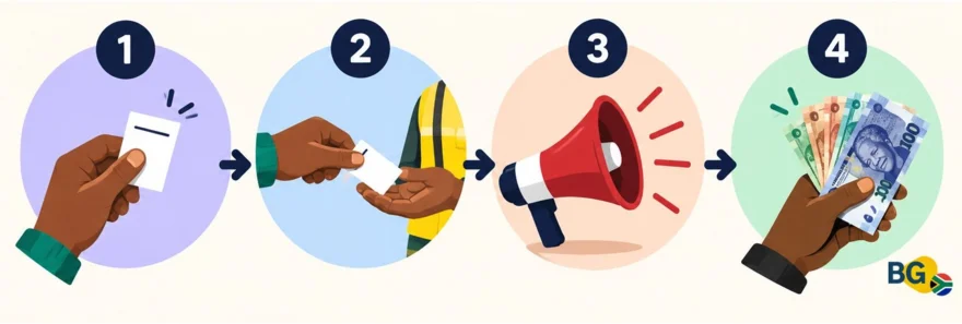Four steps of a fafi round, from picking a number to collecting a win