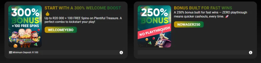 Yebo Casino promotions page showing the 300% welcome bonus up to R20,000 and the 250% no-wagering offer