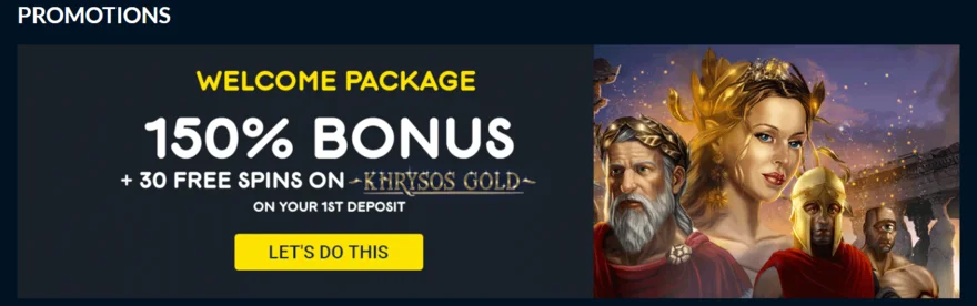 Punt Casino promotions page showing the 150% welcome bonus with 30 free spins on Khrysos Gold
