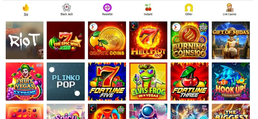 Pelican Casino lobby with Black Jack, Roulette, Instant, Other and Live Casino tabs above the top slots grid