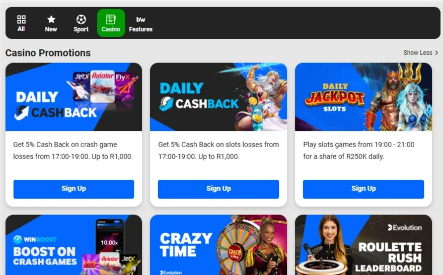 Betway Casino promotions page showing daily 5% cashback on crash and slots losses up to R1,000, plus the R250K Daily Jackpot Slots draw