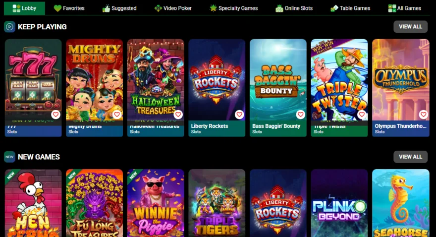 Yebo Casino games lobby with Keep Playing and New Games rows of slot titles