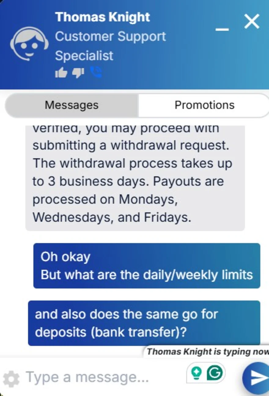 Punt Casino live chat window with an agent answering a question about withdrawal limits