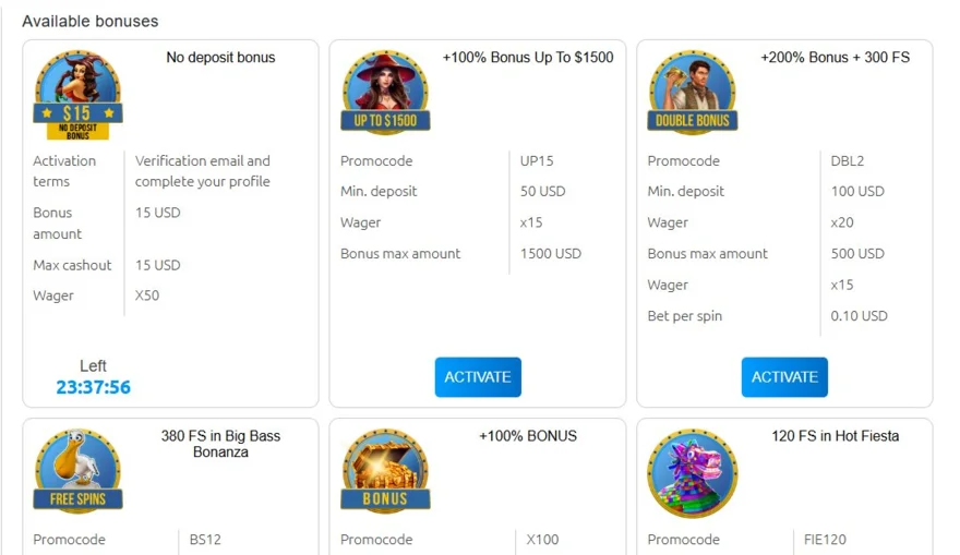 Pelican Casino bonuses page showing the $15 no-deposit offer, 100% up to $1500, and 200% plus 300 free spins with promo codes