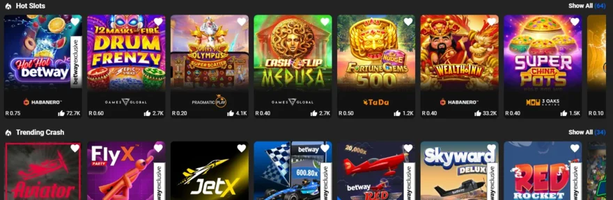 Betway Casino lobby showing hot slots from Habanero, Games Global and Pragmatic Play with minimum stakes from R0.20, above a trending crash row including Aviator, JetX and Betway exclusive titles