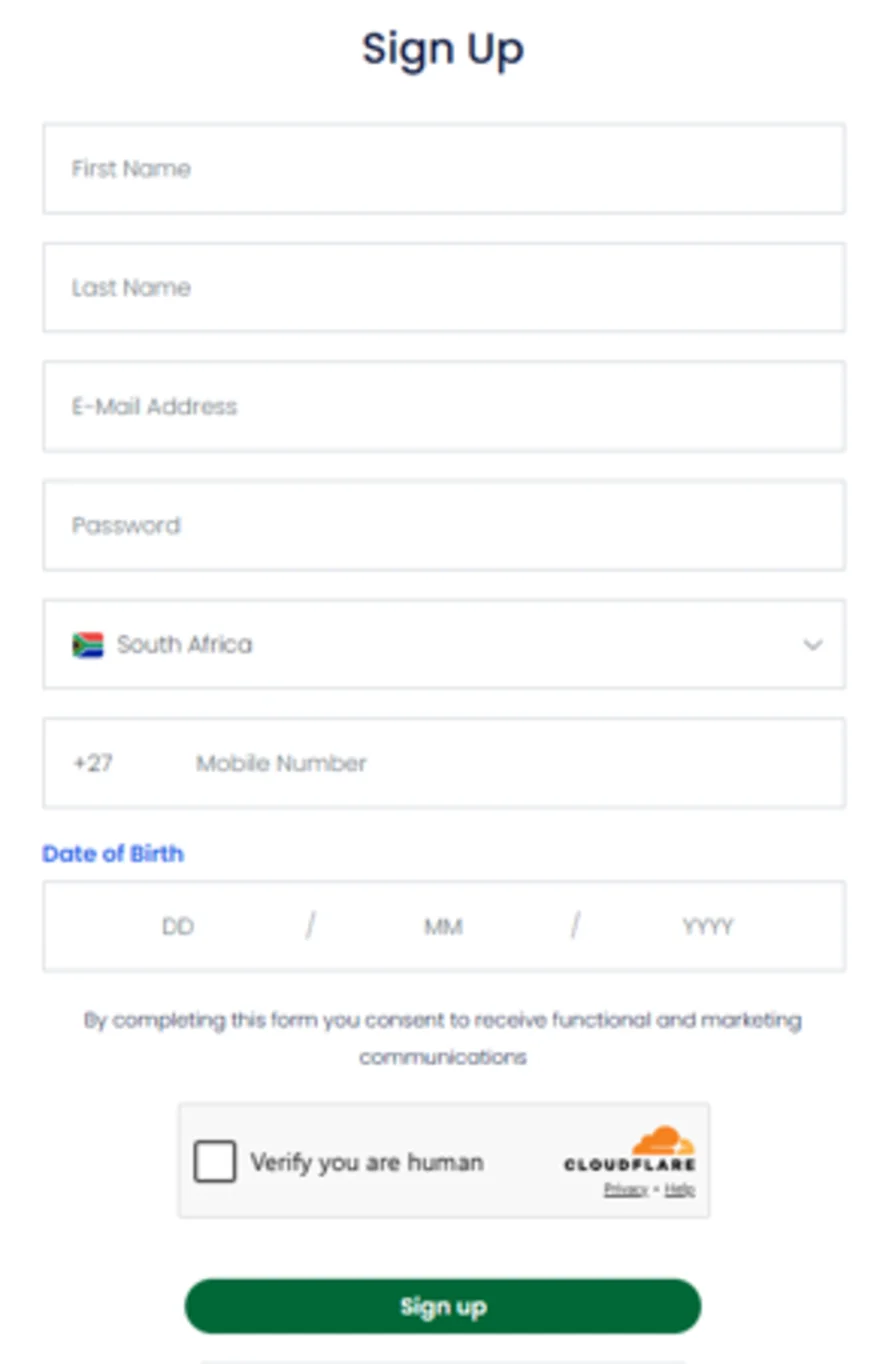 Yebo Casino sign-up form on Inclave asking for name, email, password, South African mobile number and date of birth