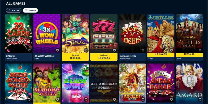Punt Casino All Games lobby with Sort By and Themes filters above a grid of slot and table game tiles
