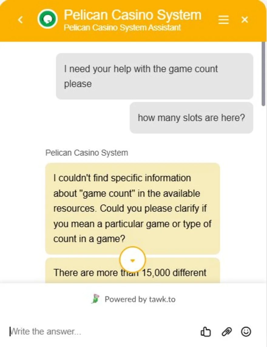 Pelican Casino live chat assistant replying to a question about how many games the site offers