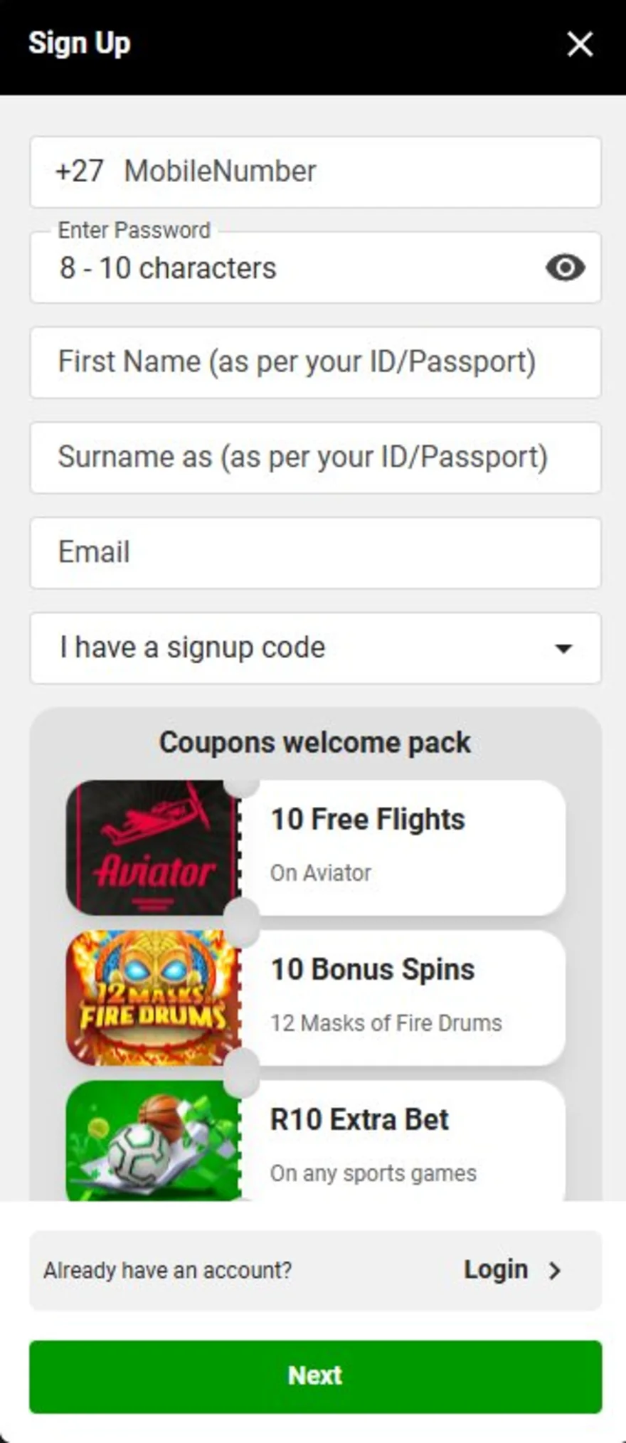 Betway sign-up form with mobile number, password, ID name fields and signup code box, alongside the coupons welcome pack of 10 free flights on Aviator, 10 bonus spins and an R10 extra bet