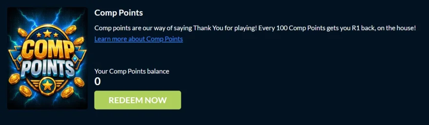 Punt Casino comp points dashboard showing a zero balance and the 100 points to R1 conversion rate