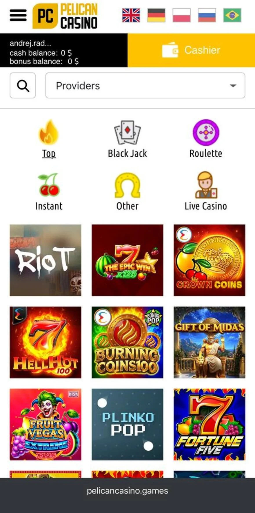 Pelican Casino mobile site showing category icons for Black Jack, Roulette, Instant, Other and Live Casino above a grid of top slots