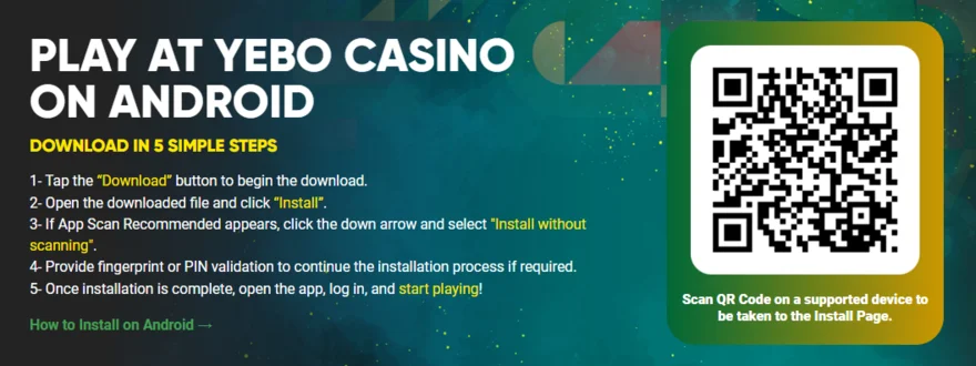 Yebo Casino Android app download page with APK install steps and QR code