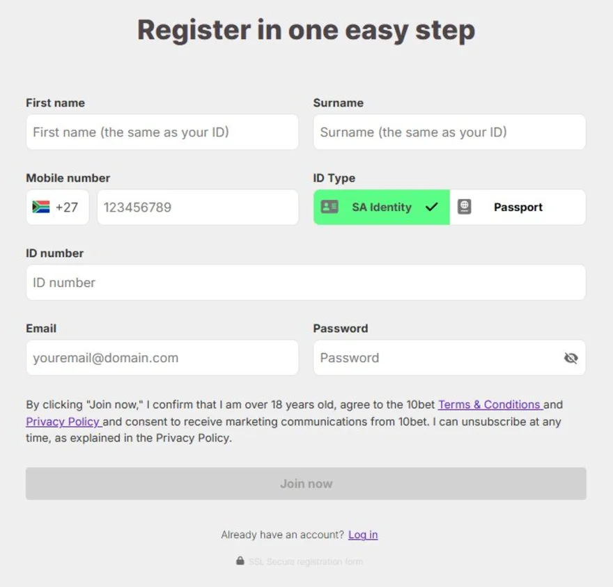 10bet Casino registration form asking for name, mobile number, SA ID and email