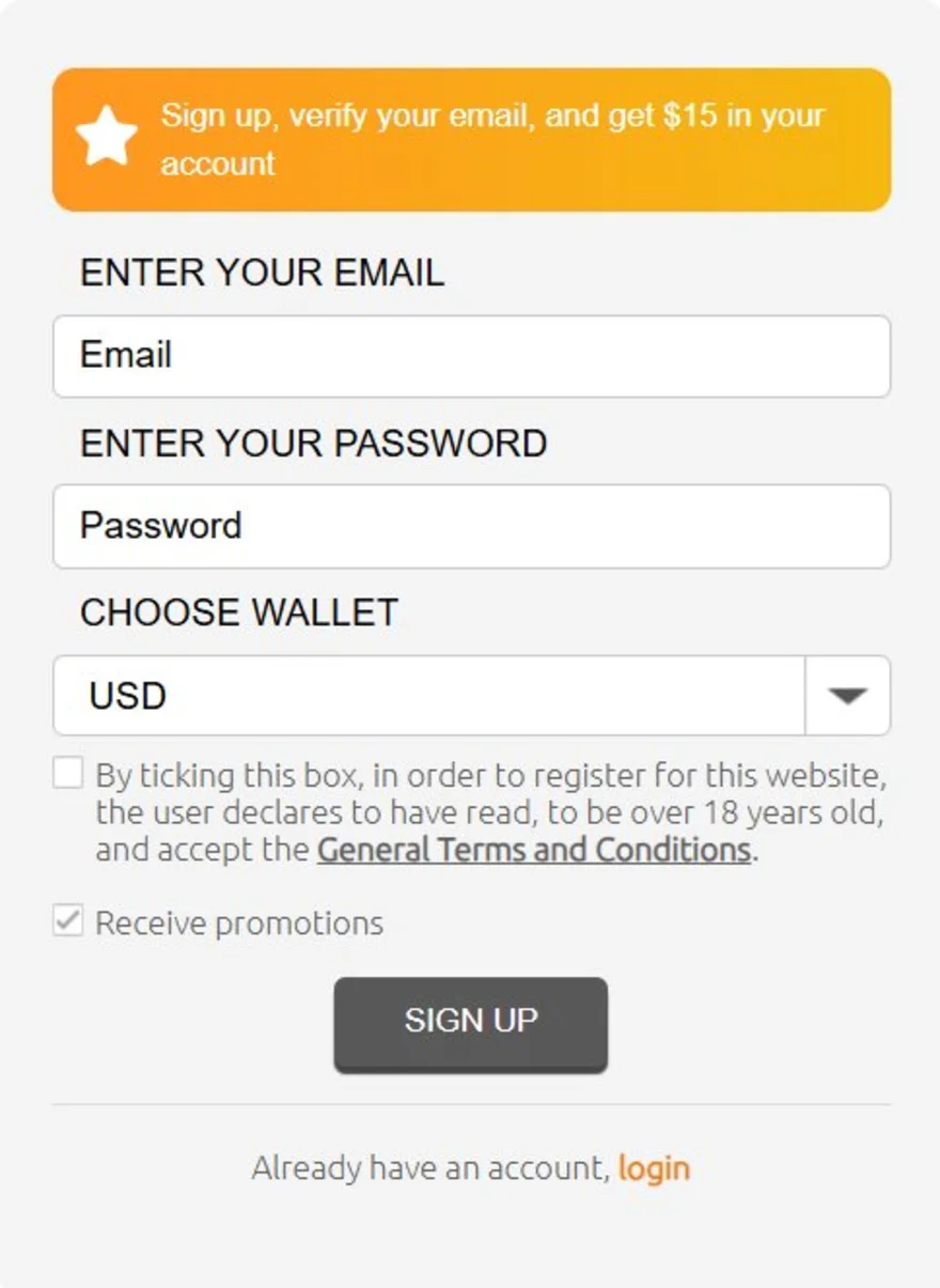 Pelican Casino registration form showing the $15 no-deposit bonus banner, email and password fields, and USD wallet selection