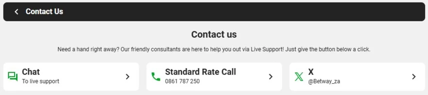 Betway contact us panel offering live chat, a standard rate call line on 0861 787 250 and the @Betway_za account on X