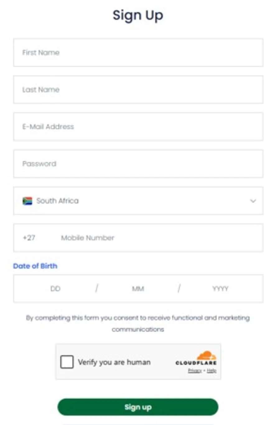 Punt Casino sign-up form asking for name, email, password, South African mobile number and date of birth